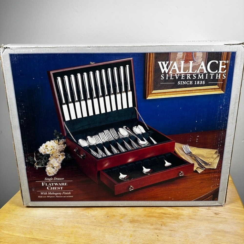 Wallace Silversmiths Single Drawer Mahogany Flatware Chest Hunter Green Lined